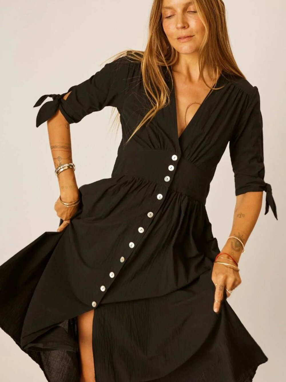 Natalie Martin Black Button-Front Midi Dress